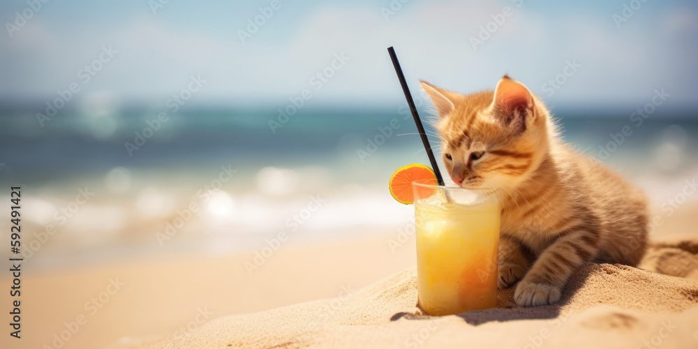 Cute kitten with cocktail drink in sea beach. Funny cat in summer vacation. Summer banner, Summer holiday, sea beach, vacation, travel, tropical resort and spa concept. Generative ai illustration
