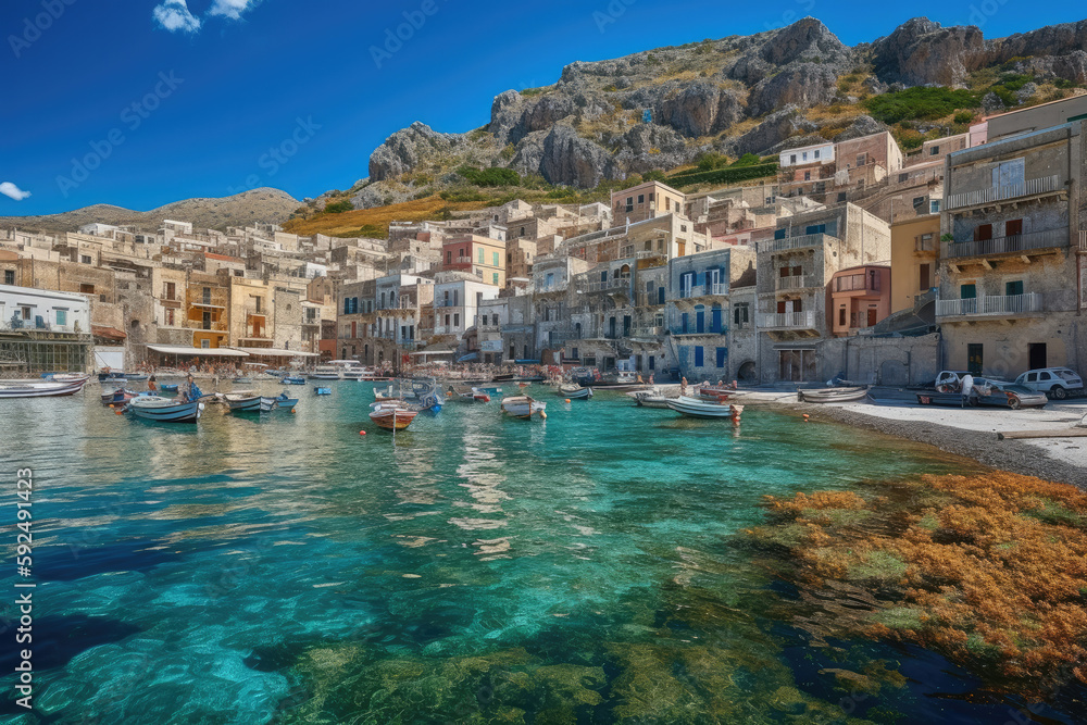 Fototapeta premium Sicilian port of Castellammare del Golfo, amazing coastal village of Sicily island, province of Trapani, Italy created with Generative AI technology