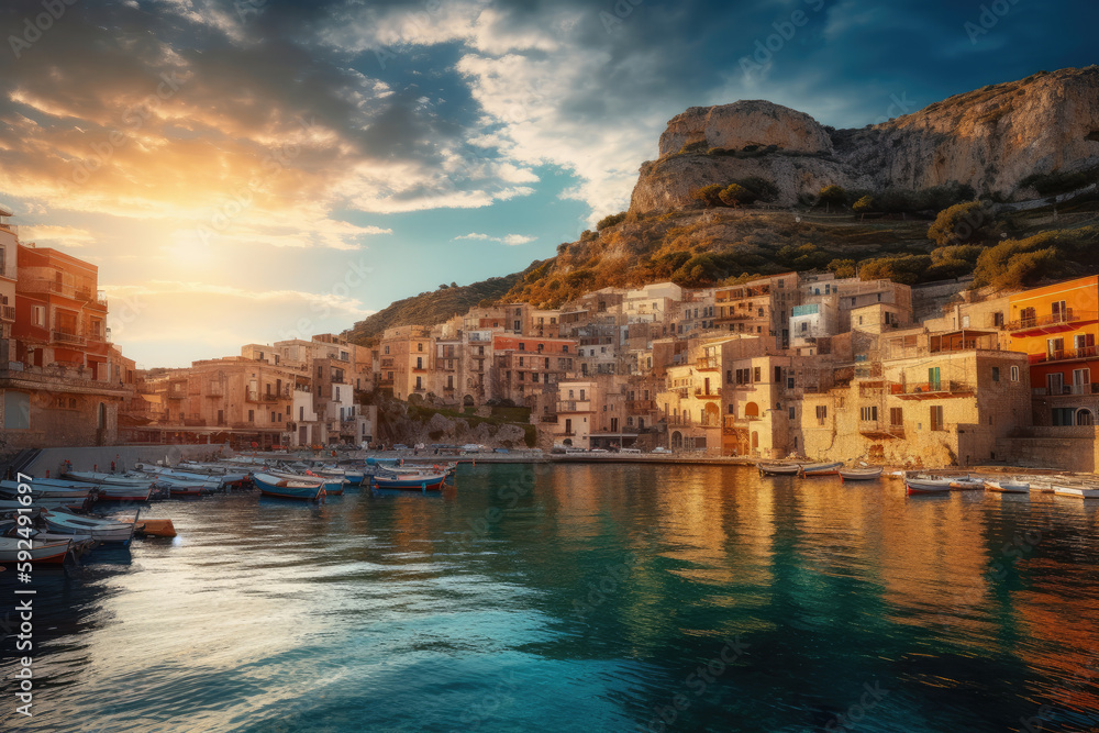 Sicilian port of Castellammare del Golfo, amazing coastal village of Sicily island, province of Trapani, Italy created with Generative AI technology