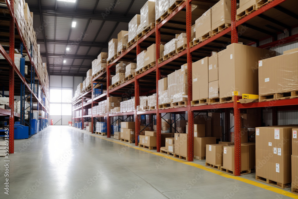 A large clean warehouse with shelfs, carboard boxes and products. Generative AI