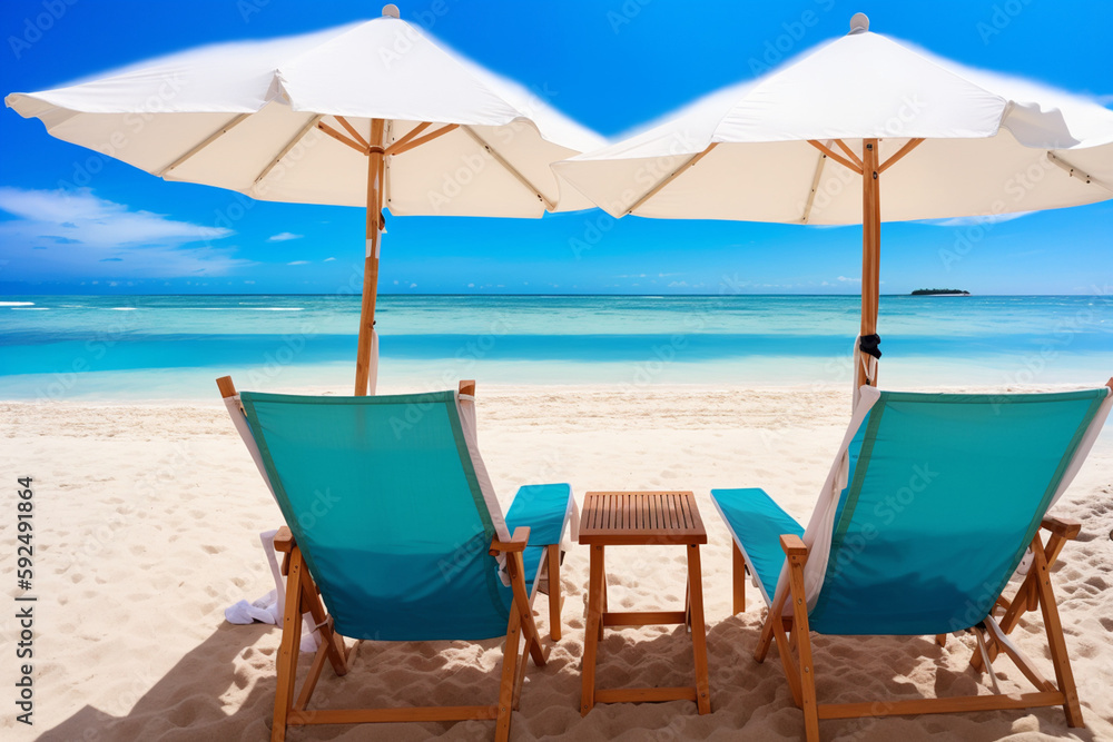 eautiful beach banner. White sand, chairs and umbrella travel tourism wide panorama background concept. Generative AI eautiful beach banner. White sand, chairs and umbrella travel tourism wide panorama background concept. Generative AI