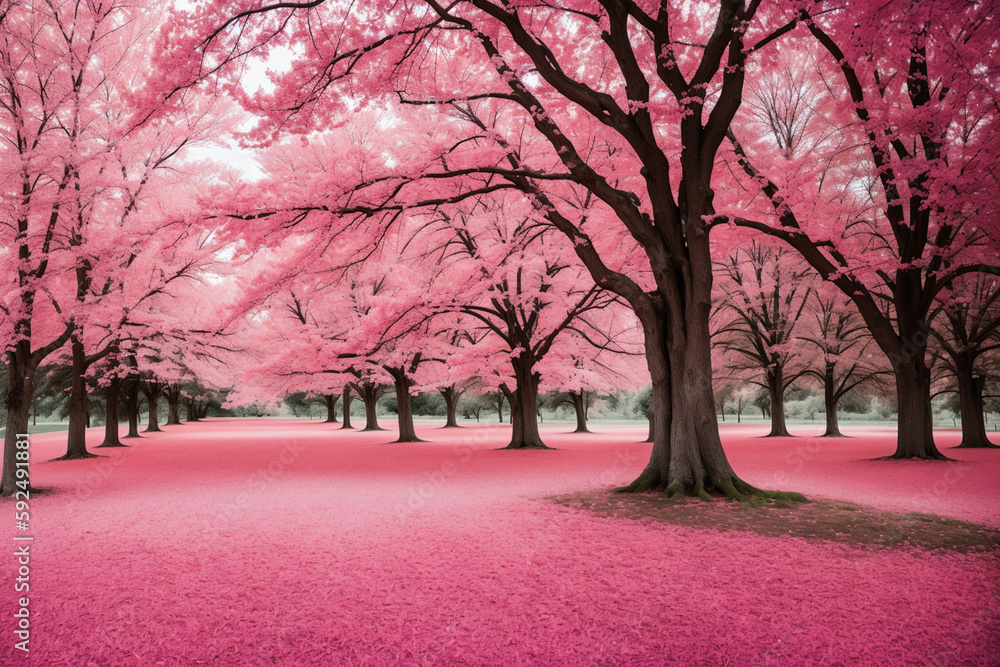 Fototapeta premium Pink trees from near infared style. Generative AI