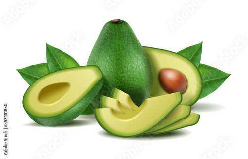 3d realistic vector icon set. Avocado whole and half. Isolated.