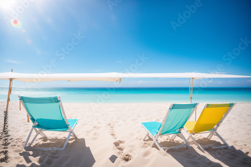 eautiful beach banner. White sand  chairs and umbrella travel tourism wide panorama background concept. Generative AI