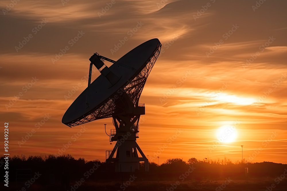 radio telescope at sunset created with Generative AI technology