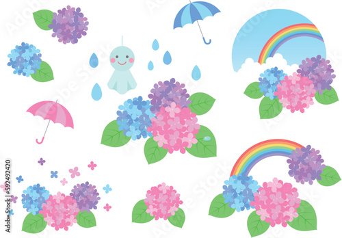 梅雨の紫陽花と雨の日のかわいいイラスト素材
