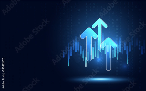 Futuristic raised triple-up arrow chart with candlesticks digital transformation abstract technology background. Big data and business growth currency stock and investment economy. Vector illustration photo