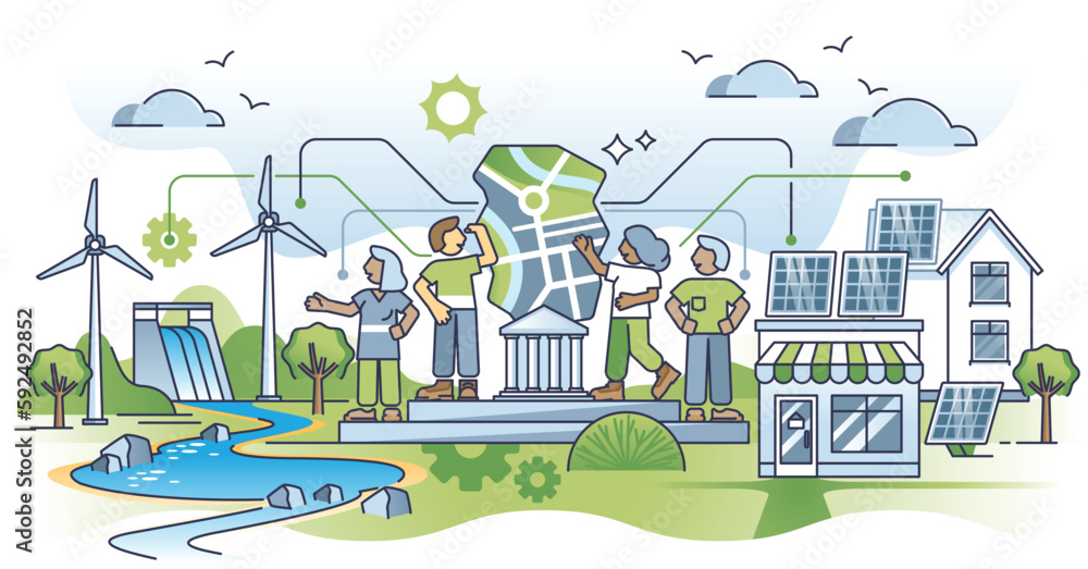 Community based renewable energy or CBRE for green power outline concept. Solar panels or wind turbines installation at home as society impact on green electricity or independence vector illustration - obrazy, fototapety, plakaty 