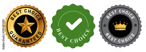 Best choice guaranteed sign text in grey gold and green stamp label symbol tag round shape with star crown and check mark