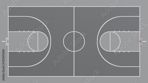 Basketball court floor with lines on a grey background.