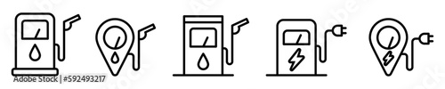 Conjunto de iconos de estación de gasolina y carga eléctrica. Combustible y electricidad para vehículos. Ilustración vectorial