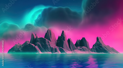  abstract panoramic background. Seascape with cliffs under the pink blue night gradient sky with northern lights, fantasy scenery wallpaper with Aurora Borealis