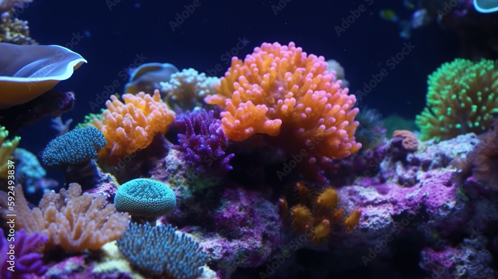 Beautiful hermatypic marine corals of various colorful species under the sea