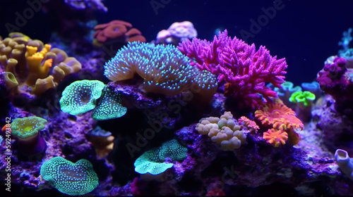 Beautiful hermatypic marine corals of various colorful species under the sea