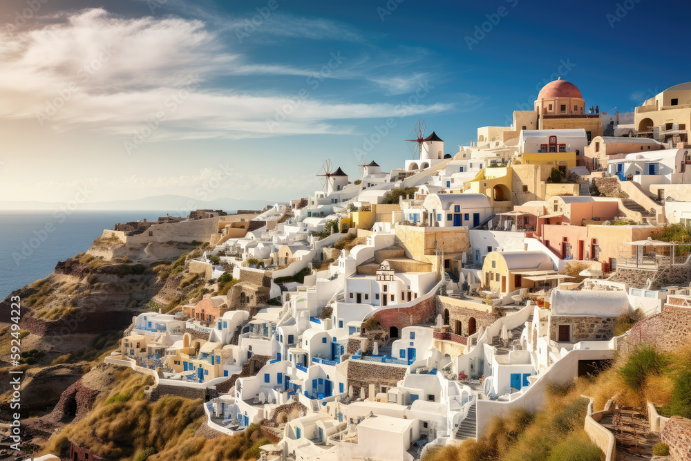 Panorama of famous greece city Oia. Santorini island created with Generative AI technology