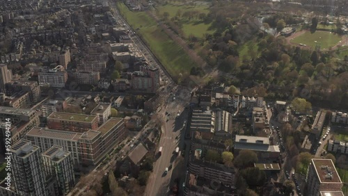 Pan down aerial shot over Manor house junction Finsbury park London photo