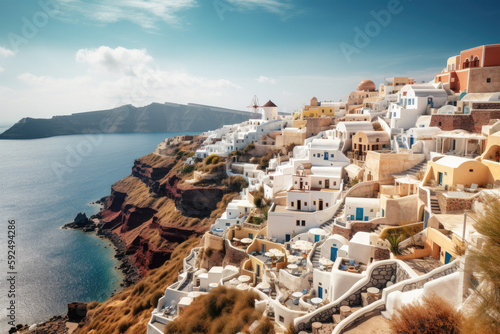 Panorama of famous greece city Oia. Santorini island created with Generative AI technology