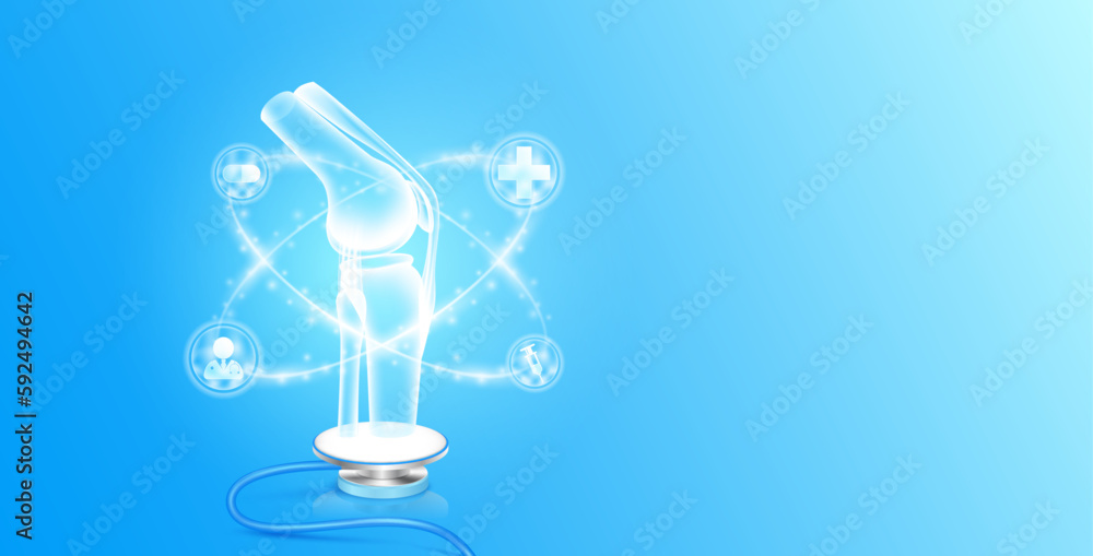 Medical health care. Bone joint anatomy float on stethoscope with medical icons radius ring