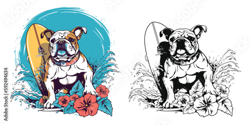 A beach loving bulldog catching some waves on a surfboard.Illustration of T-shirt design graphic.