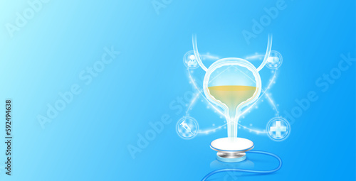 Medical health care. Human bladder anatomy float on stethoscope with medical icons radius ring surrounds. Internal organs translucent white and copy space for text. 3D Vector EPS10.