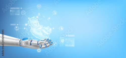 Child infant float away from in robot hand. Futuristic medical cybernetic robotics technology. Pregnancy and artificial insemination medical innovation. With copy space for text. Realistic Vector.