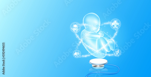 Medical health care. Child infant float on stethoscope with medical icons radius ring surrounds. Internal organs translucent white and copy space for text. 3D Vector EPS10.