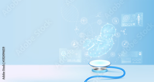 Child infant float away from stethoscope. Pregnancy and artificial insemination medical innovation. Electronic medical technology innovation. Doctor diagnose digital data record. Realistic Vector.