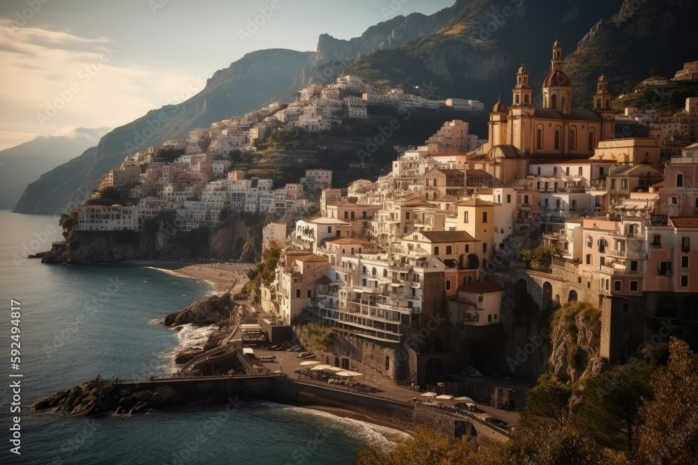 Morning view of Amalfi cityscape on coast line of mediterranean sea, Italy created with Generative AI technology