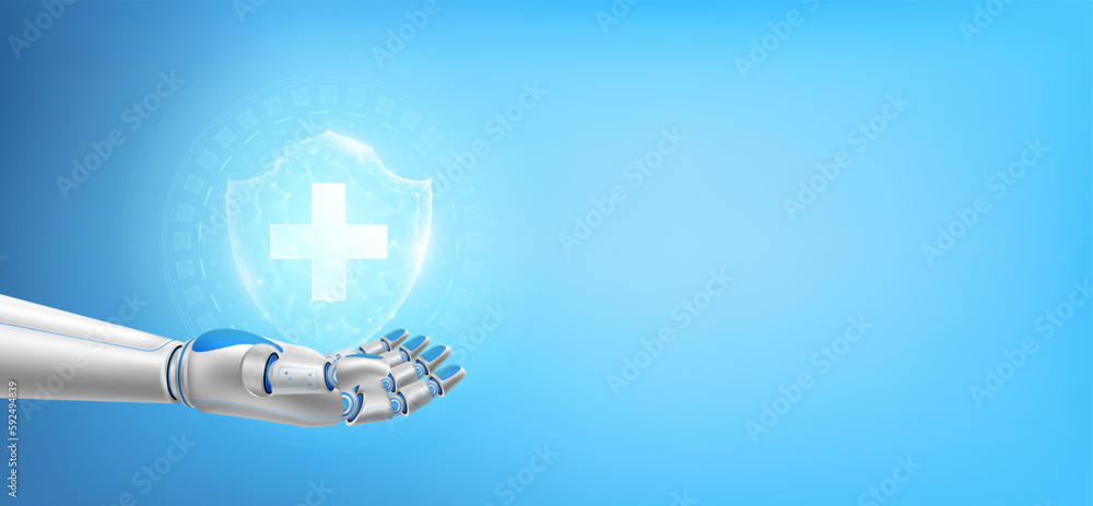 Health shield poly triangle glowing. Float away from in robot hand. Futuristic medical cybernetic robotics technology. Immunity protection innovation concept. With copy space for text. 3D Vector. Health shield poly triangle glowing. Float away from in robot hand. Futuristic medical cybernetic robotics technology. Immunity protection innovation concept. With copy space for text. 3D Vector.