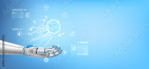 Sperm and egg cells float away from in robot hand. Futuristic medical cybernetic robotics technology. Fertilization reproductive and health care pregnancy. With copy space for text. Realistic Vector.