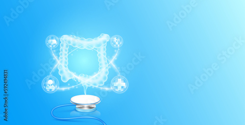 Medical health care. Intestine anatomy float on stethoscope with medical icons radius ring surrounds. Internal organs translucent white and copy space for text. 3D Vector EPS10.