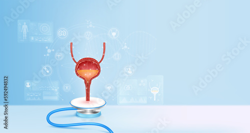 Human bladder float away from stethoscope. Medical icons image virtual hologram on screen computer. Doctor diagnose digital data record. Electronic medical technology innovation. 3d Vector.