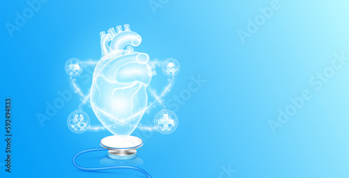 Medical health care. Human heart anatomy float on stethoscope with medical icons radius ring surrounds. Internal organs translucent white and copy space for text. 3D Vector EPS10.