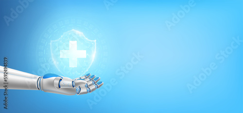 Health shield poly triangle glowing. Float away from in robot hand. Futuristic medical cybernetic robotics technology. Immunity protection innovation concept. With copy space for text. 3D Vector.