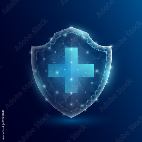 Medical security health shield translucent low poly triangle futuristic glowing. On dark blue background. Immunity protection medical innovation concept. Vector EPS10.