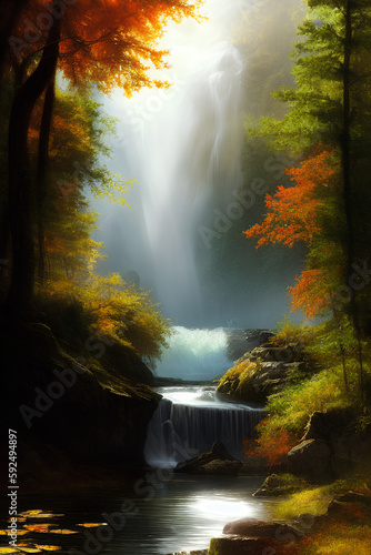 landscape of a waterfall in the forest in autumn  illustration Generative AI