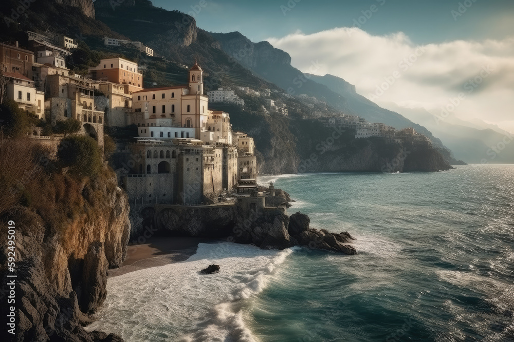 Morning view of Amalfi cityscape on coast line of mediterranean sea, Italy created with Generative AI technology