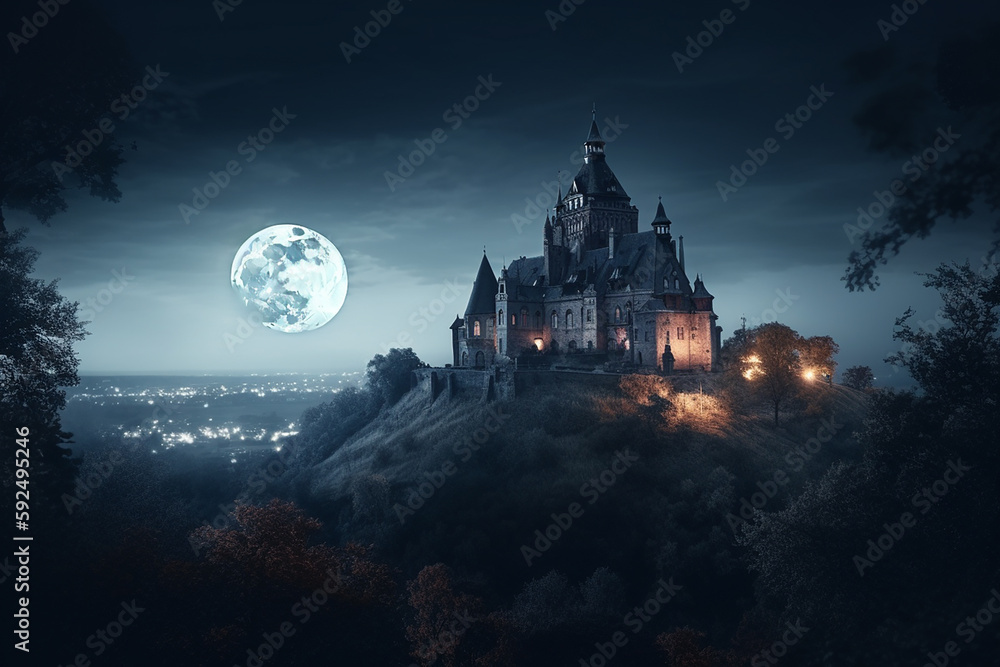 Fototapeta premium The horror castle at the top of the hill