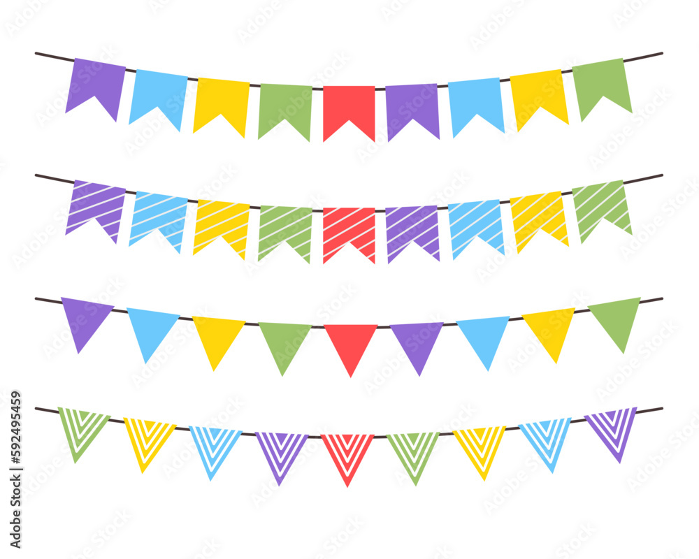 Obraz premium Colorful birthday, celebration, anniversary, festival, and party flags garland on isolated white background. Vector illustration flat design.