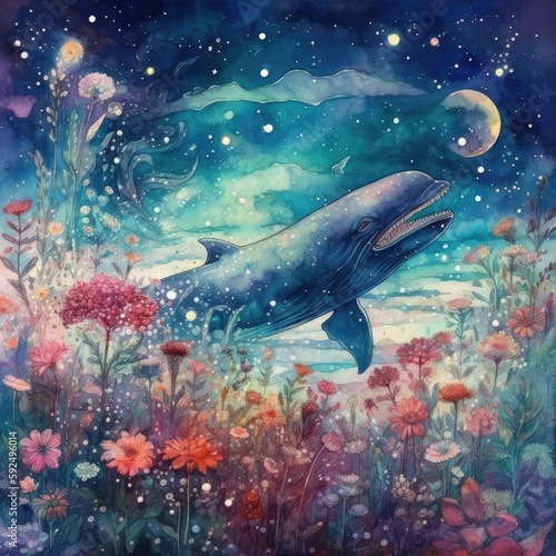 Watercolor illustration of a whale in the meadow with flowers Generative Ai