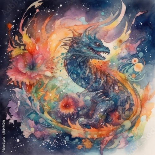 Watercolor illustration of a dragon on a background of watercolor splashes Generative Ai