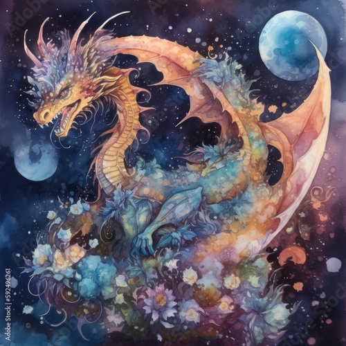 Watercolor illustration of a dragon on a background of watercolor splashes Generative Ai © Rusticity