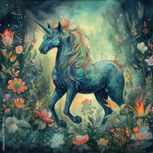 Watercolor painting of a unicorn surrounded by flowers on a dark background Generative Ai 