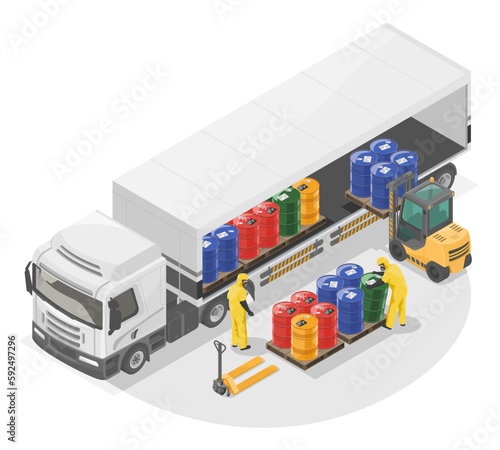 Toxic waste Hazardous Waste Disposal transportation workers in Yellow Hazard Suit moving chemical tank in industry zone to truck illustration isometric isolated cartoon vector
