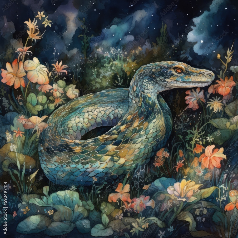 Watercolor illustration of a snake in the meadow with flowers Generative Ai Watercolor illustration of a snake in the meadow with flowers Generative Ai