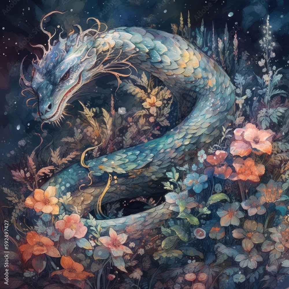 Watercolor illustration of a snake in the meadow with flowers Generative Ai Watercolor illustration of a snake in the meadow with flowers Generative Ai