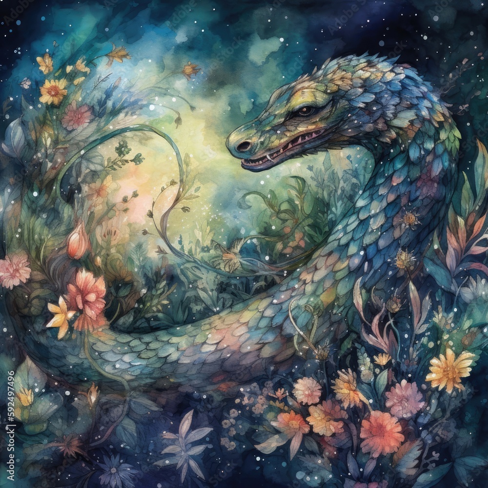 Watercolor illustration of a snake in the meadow with flowers Generative Ai Watercolor illustration of a snake in the meadow with flowers Generative Ai