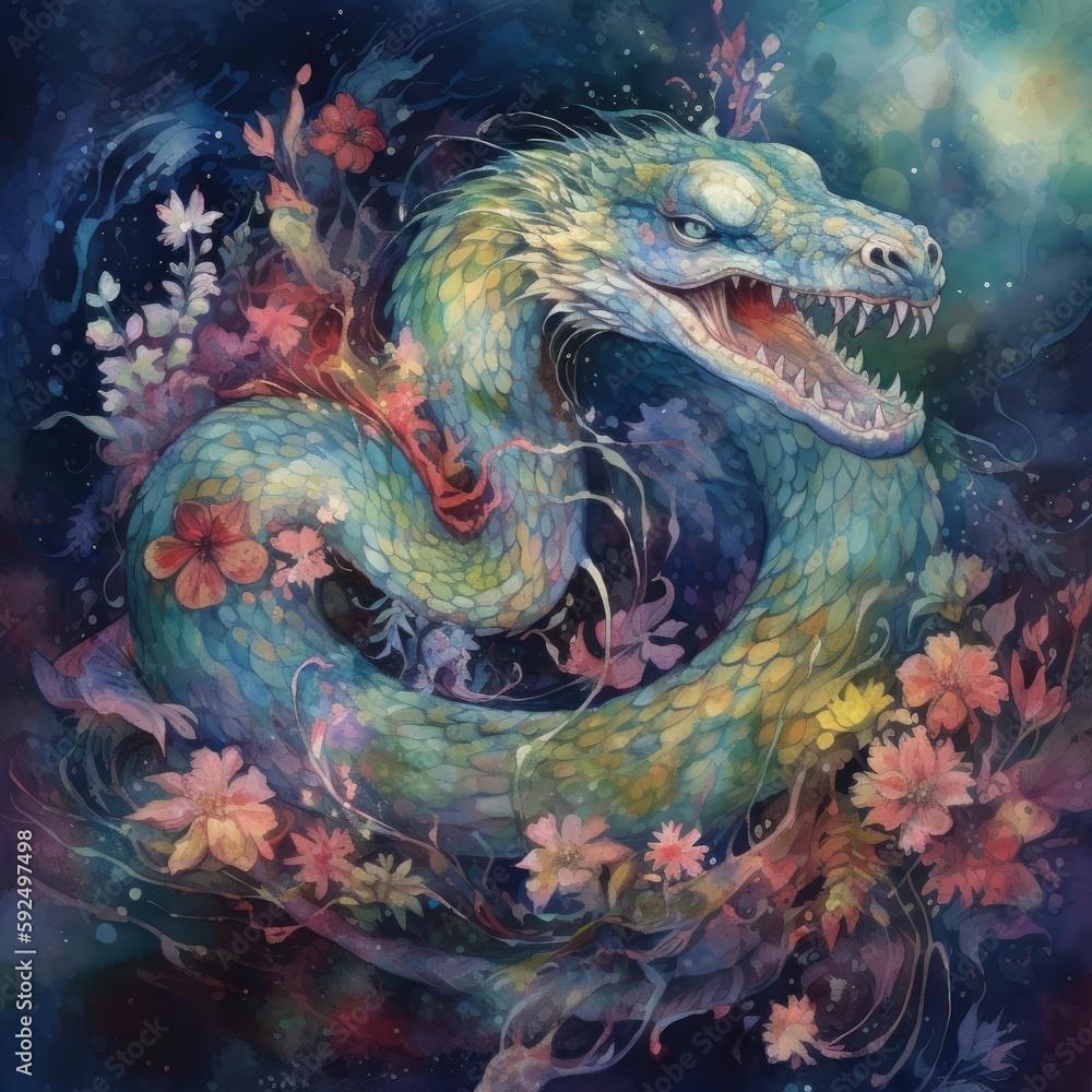 Watercolor illustration of a snake in the meadow with flowers Generative Ai Watercolor illustration of a snake in the meadow with flowers Generative Ai