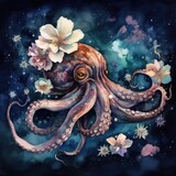 Watercolor illustration of octopus in space with stars and flowers Generative Ai