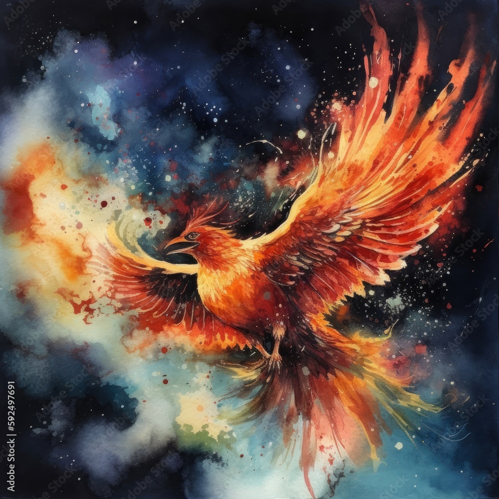 Watercolor painting of a Phoenix with wings spread in the wind Generative Ai Watercolor painting of a Phoenix with wings spread in the wind Generative Ai